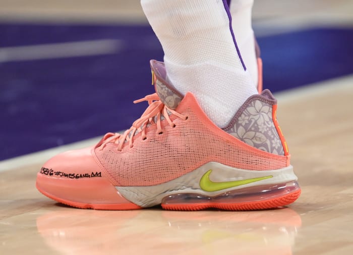 View of pink Nike LeBron shoes.